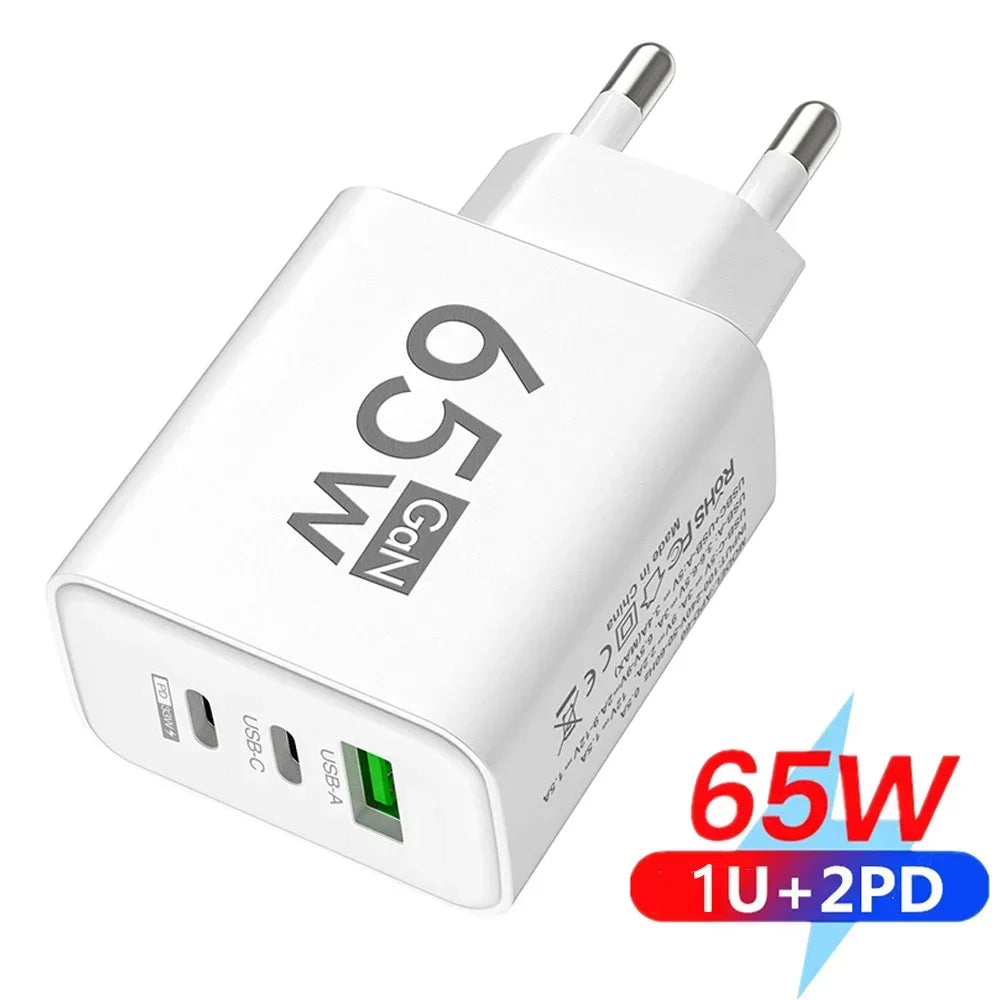 Total 65W Gan Charger USB PD Type C Fast Charging Mobile Phone Adapter QC3.0 for Iphone 14 15 Pro Max Samsung Galaxy S24 Xiaomi