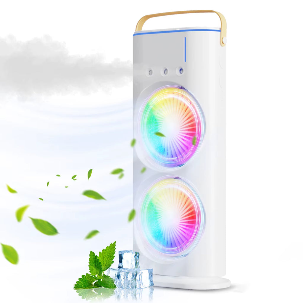 BreezeGlow™ 2-in-1 Dual Mist Cooling Fan – Chill, Hydrate & Light Up Your Space