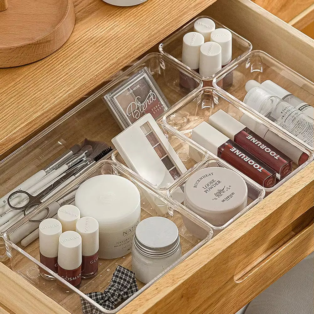 ClearNest Organizer – Transparent Anti-Scratch Drawer Storage Box for Cosmetics, Office & Home