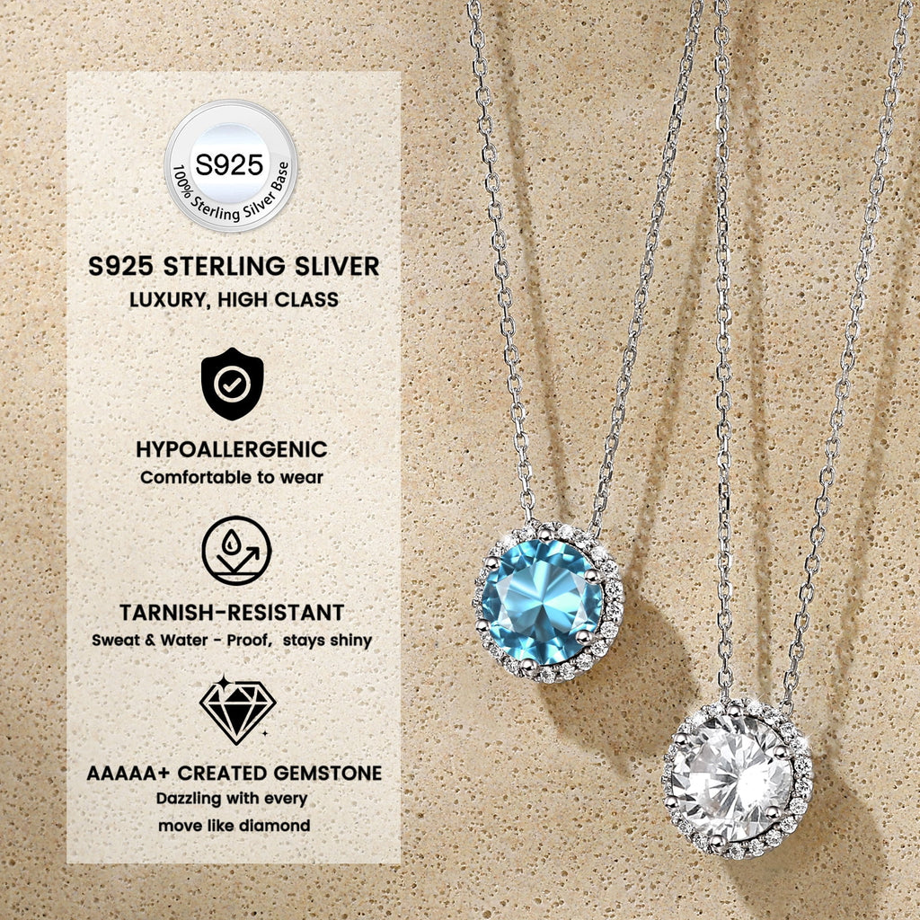 Birthstone Necklace for Women Pure 925 Sterling Silver Necklaces March round Blue Aquamarine Crystal Pendant Gifts for Everyday Wear Mother'S Day
