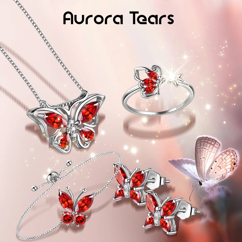 January Birthstone Jewelry Set Red Butterfly Garnet Fine Necklace/Earrings/Ring/Bracelet Sterling Silver Women Xmas Birthday Mother'S Day Gifts